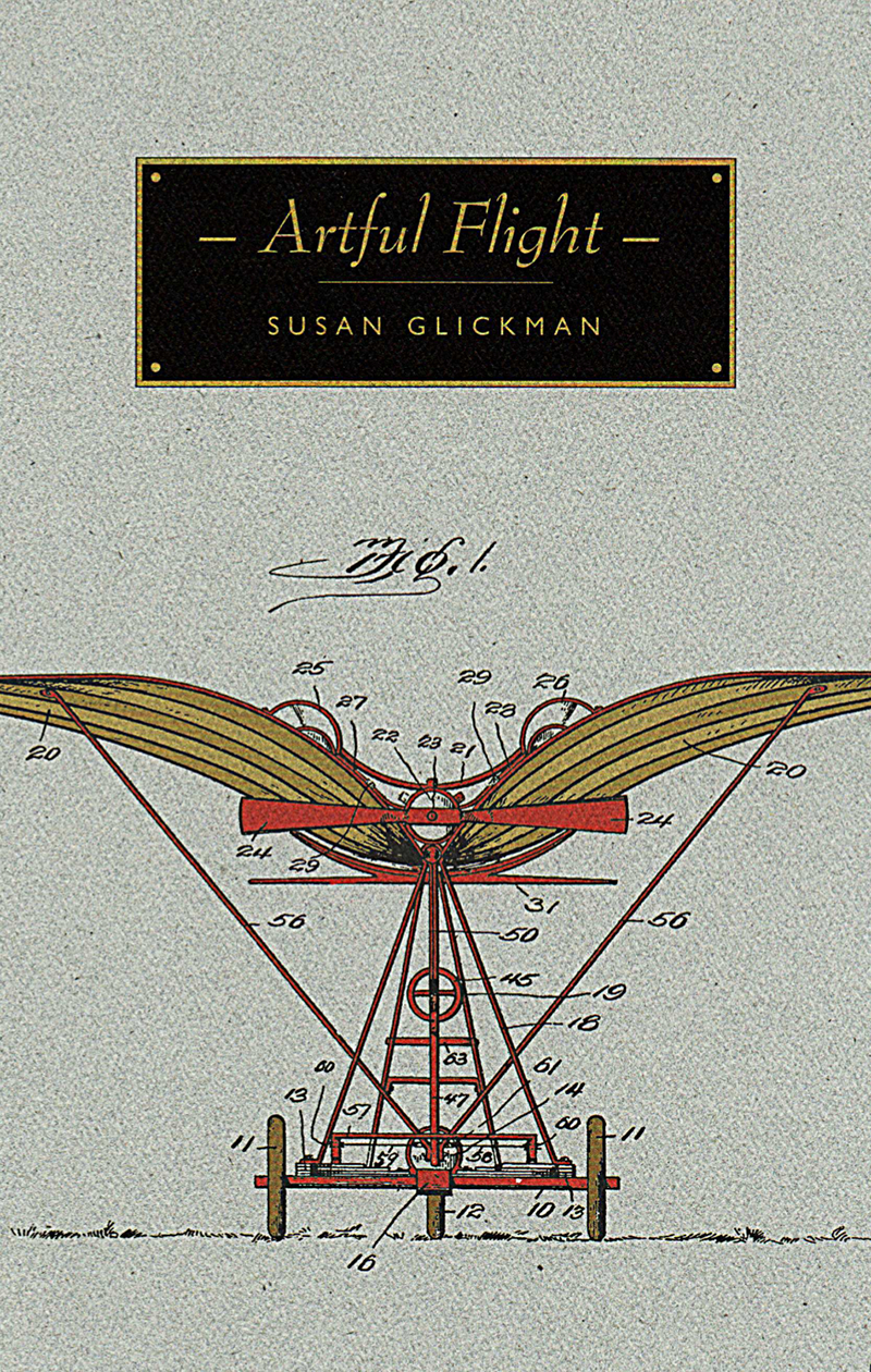 Book cover image for Artful Flight by Susan Glickman, with a diagram of an old flying machine on a textured paper background