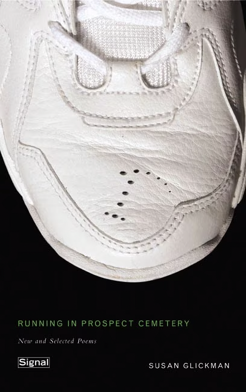 Book cover image for Running in Prospect Cemetery, with the toe of a white sneaker over the top three quarters of the cover, and the title, author and publisher name set in white over a black background underneath
