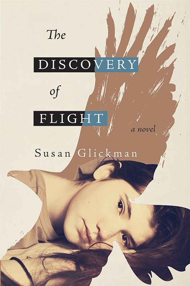 Book cover image for The Discovery of Flight by Susan Glickman, with a young woman's face superimposed on the silhouette of a flying eagle over a beige background