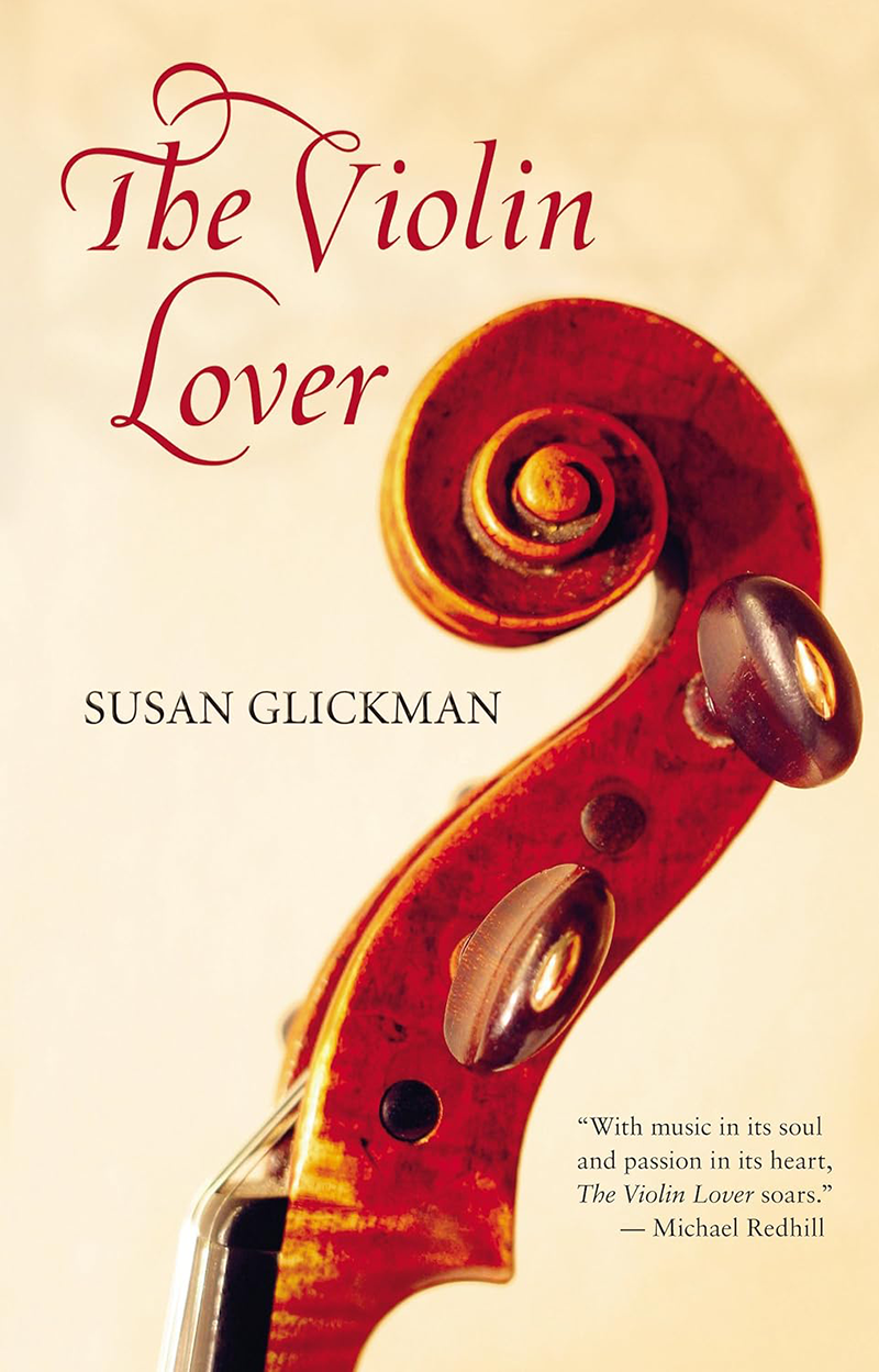 Book cover image for The Violin Lover by Susan Glickman, with the head of a violin over a cream textured background